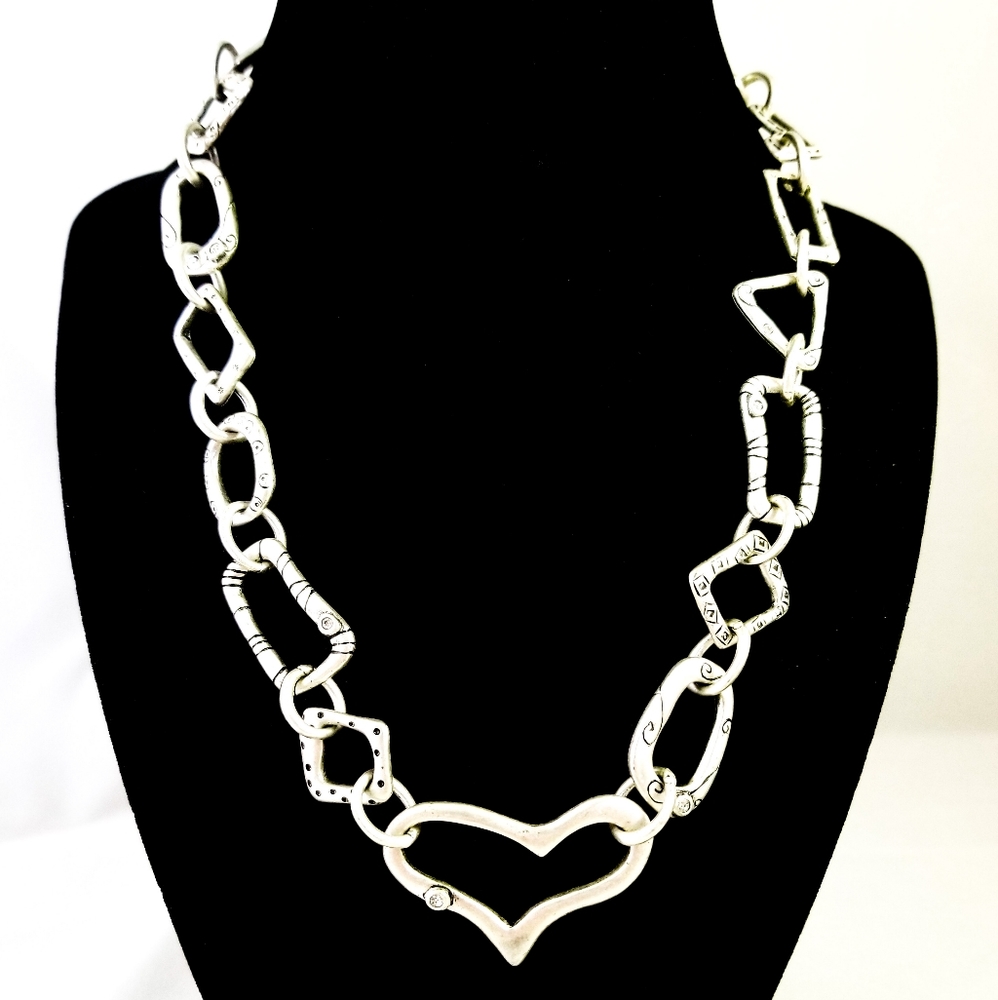 CHICO'S Silver Tone Heart & Shapes Rhinestone Neck